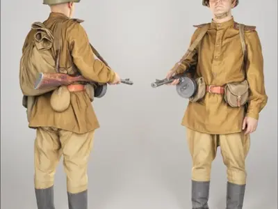 Soviet private soldier with machine gun 224 Low-poly 3D model