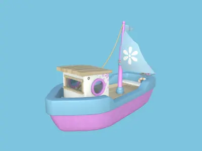 Cartoon Boat 05 - Pink Blue - Low Poly Ship Low-poly 3D model