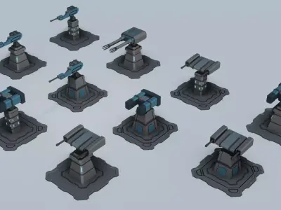Modular Sci-Fi Turret Collection - Low Poly - Game Ready -PBR Low-poly 3D model