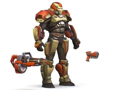 Male Cyborg - Man Machine Gun with Rifle and Pistol Low-poly 3D model