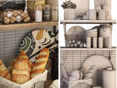 Kitchen Shelf Decor Beard Eggs Bottles Spices Collection Low-poly 3D model