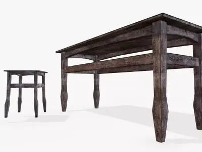 Old wooden tables and chairs Free low-poly 3D model