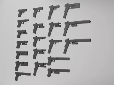 Stylized Low Poly Glock -20 Variations Game Ready Low-poly 3D model