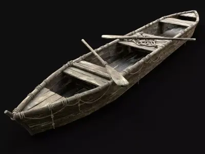 LONG BOAT ROWBOAT WOODEN FISHERMAN RIVER FISH LAKE CANOE SHIP Low-poly 3D model