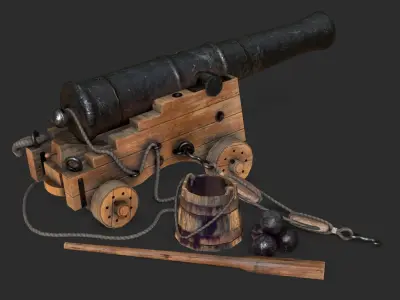 Old Naval Cannon - Wood Low-poly 3D model