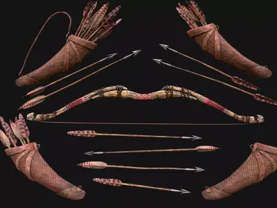 Wooden Bow and Quiver Medieval Archer Weapons Low-poly 3D model