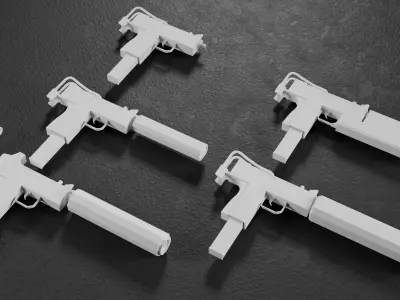 Stylized Low Poly SMG Uzi -5 Variations Game Ready Low-poly 3D model