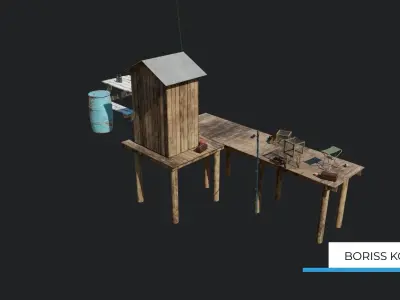 Fishermans platform near the lake Low-poly 3D model