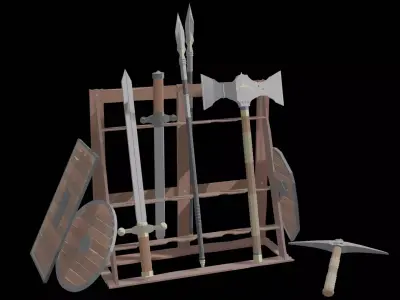 Low Poly Weapons wooden display of swords and axes Low-poly 3D model