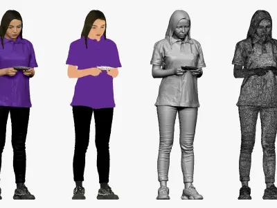 001299 woman with long hairs in purple polo money in hands 3D model