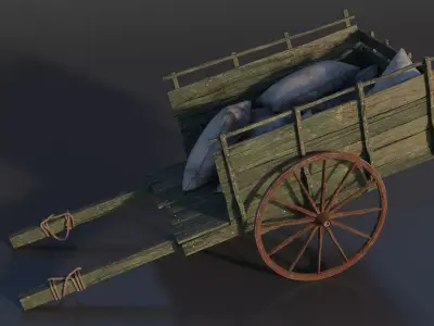 Medieval Wooden Wagon with Sacks Low-poly 3D model