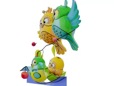 Owl Family Scenery - Owls Famillar Bird Animal - Chick Baby Low-poly 3D model