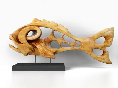 Mid Century Fish Sculpture in Carved Wood 3D model