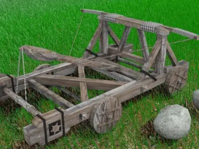 3D Catapult wooden cart in grass Low-poly 3D model
