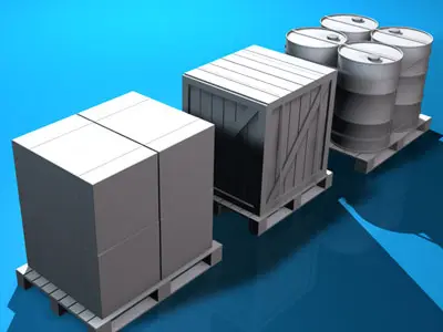 Forklift collection barrels on pallet with 3D model