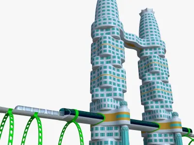 Skyscraper with metro station and train 3D model