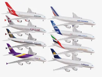 Bundle Airbus A380 pack 8 Airplanes Low-poly 3D model