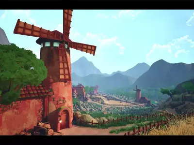 Stylized Windmill Valley Low-poly 3D model