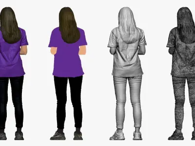 001299 woman with long hairs in purple polo money in hands 3D model