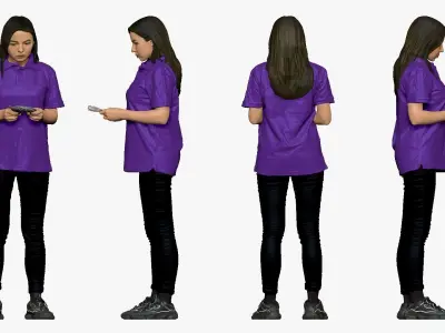 001299 woman with long hairs in purple polo money in hands 3D model