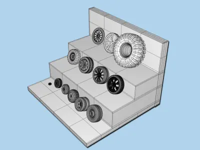 Tire collection set of wheels on shelf 3D model