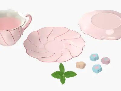 Mint Tea in Pink Porcelain Cup with Marshmallows 3D model