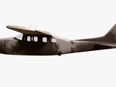 White realistic destroyed propeller plane Low-poly 3D model