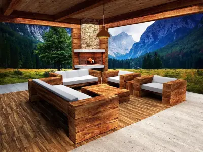 wooden- lodge- furniture -sofa-pavilion Low-poly 3D model