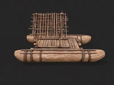 Primitive Wooden Raft Survival Boat Hut Shelter Low-poly 3D model
