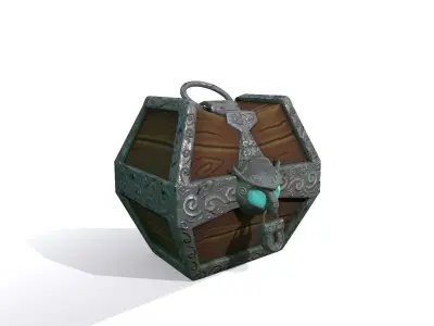 Stylized fantasy wooden treasure chest with owl padlock PBR Low-poly 3D model