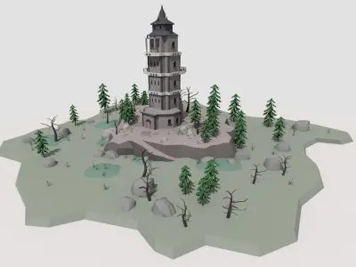 low poly cartoon fantasy tower scene Low-poly 3D model