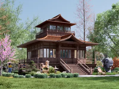 japan temple house Low-poly 3D model