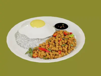 Spicy basil mince pork with fried egg 3D model