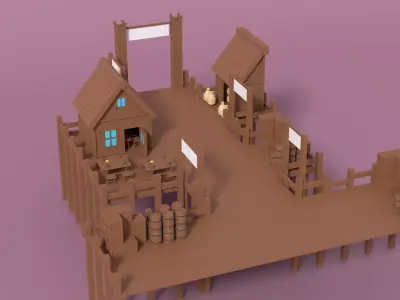 Cartoon Medieval Port and Props Low-poly 3D model