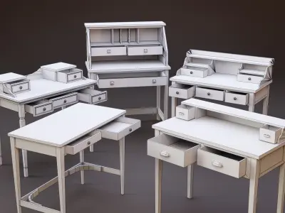Stylized writing desk set Low-poly 3D model