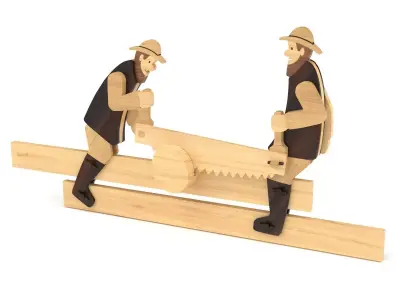 Wooden toy men sawing log 02 3D model