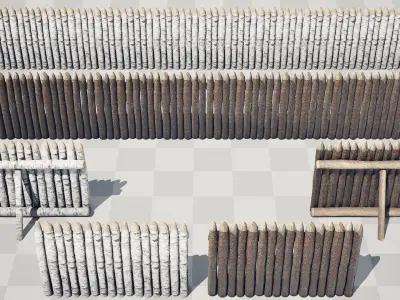 Log Fence birch pine bark wooden fencing Low-poly 3D model