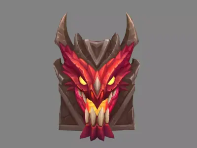 Cartoon fire dragon head shield sculpture Low-poly 3D model
