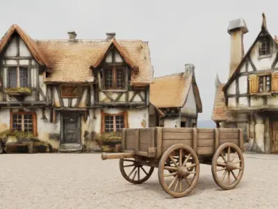 Medieval wooden cart Low-poly 3D model