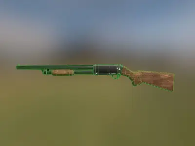 Shotgun 3D model wooden on grassy field Low-poly 3D model