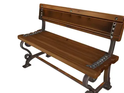 Worn Wooden Bench with Iron Legs 3D model