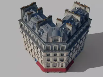 Parisian corner building Low-poly 3D model