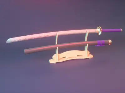 Low-poly Katana sword with sheath and display stand Low-poly 3D model