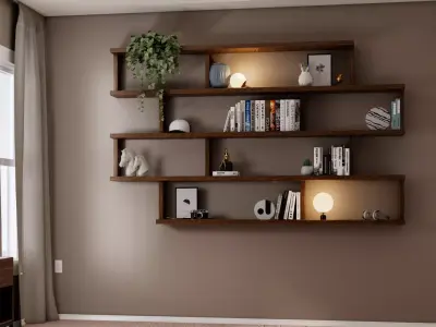 Wall-Mounted Modular Wooden Shelf and Modern Interior Furniture Low-poly 3D model