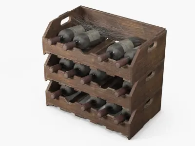 Vintage Wine Rack with Aged Bottles and Cobwebs 3D model