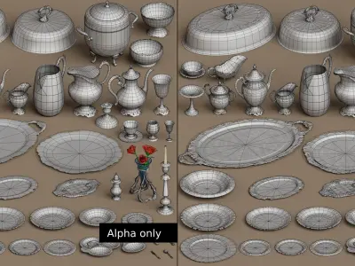 Lowpoly Silver holloware service set (44 items) 3D model