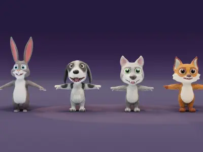 Rabbit Hound Dog Wolf Fox 3D Models Pack Low-poly 3D model