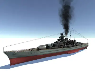 Bismarck ship with smoke Low-poly 3D model