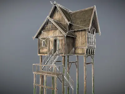 Medieval Lake Village - House 7 with interiors Low-poly 3D model