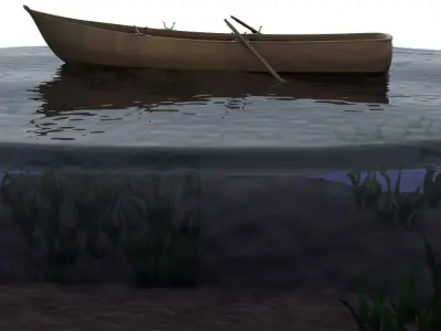 Simple wooden rowboat and fishing boat Low-poly 3D model